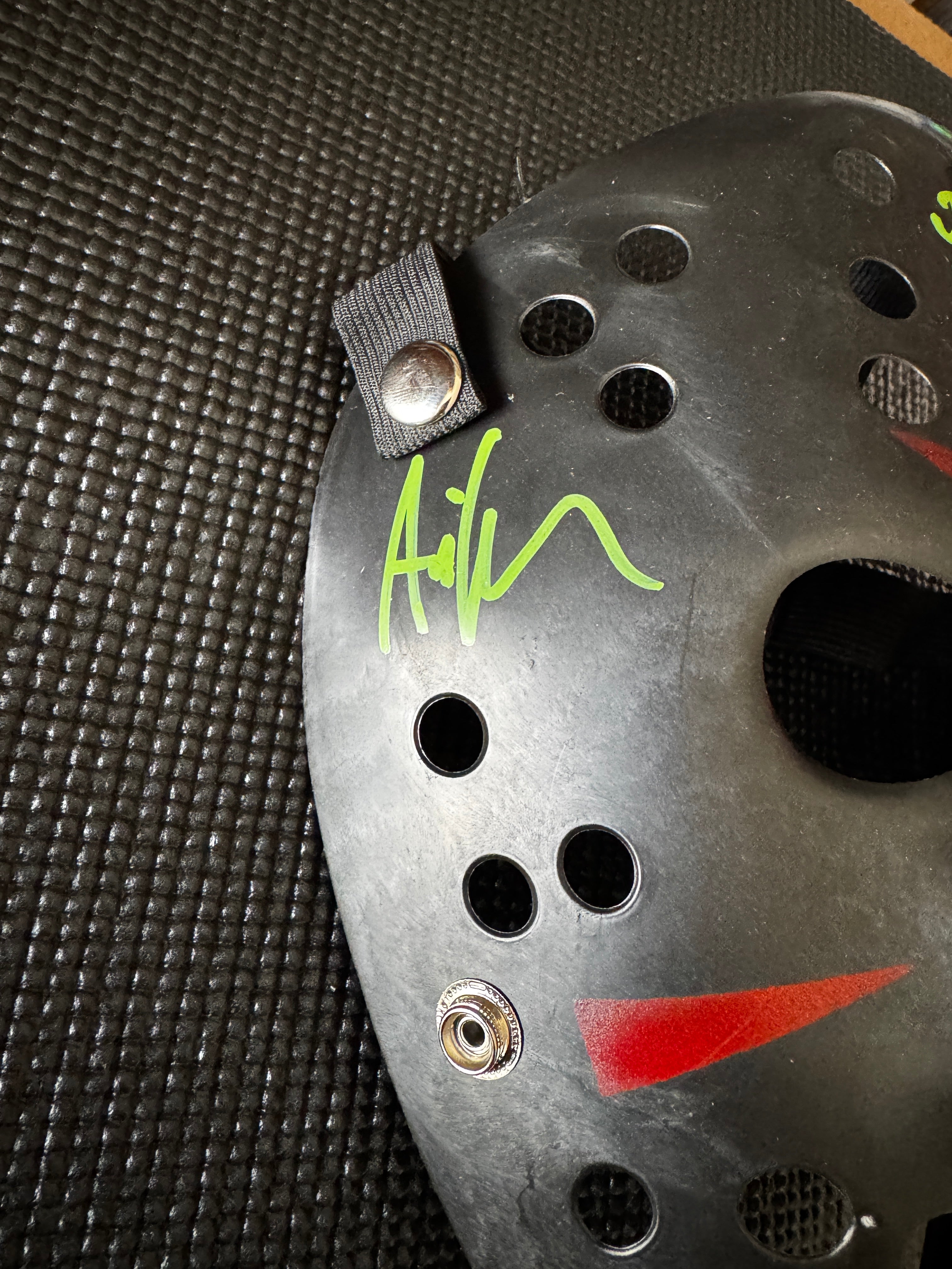 Friday the 13th Jason Mask Autographed by Ari Lehman. Beckett/W  (Black Mask, Jason Loves Weed W/ Green Ink)