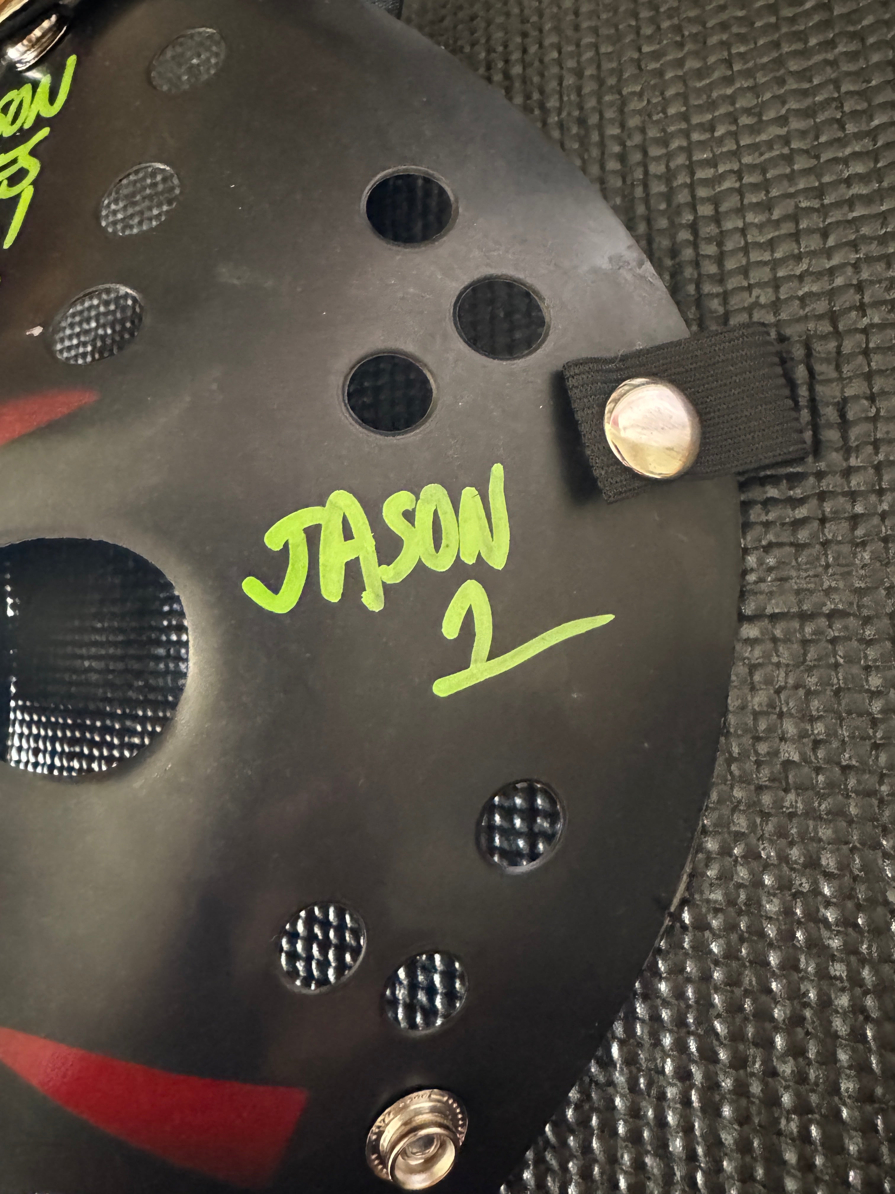 Friday the 13th Jason Mask Autographed by Ari Lehman. Beckett/W  (Black Mask, Jason Loves Weed W/ Green Ink)