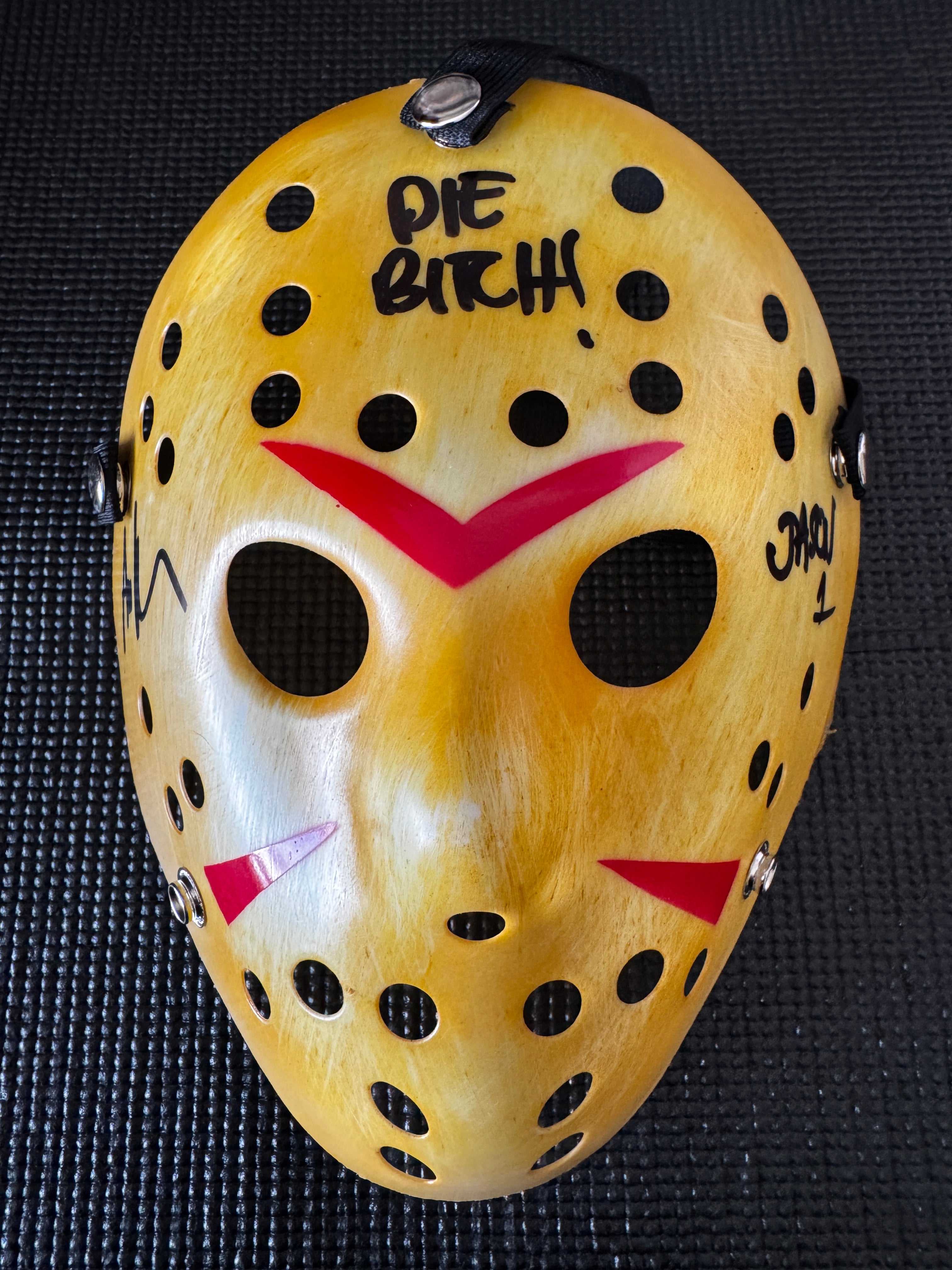 Friday the 13th Jason Mask Autographed by Ari Lehman. Beckett/W  (Yellow Mask, Die Bitch W/ Black Ink)