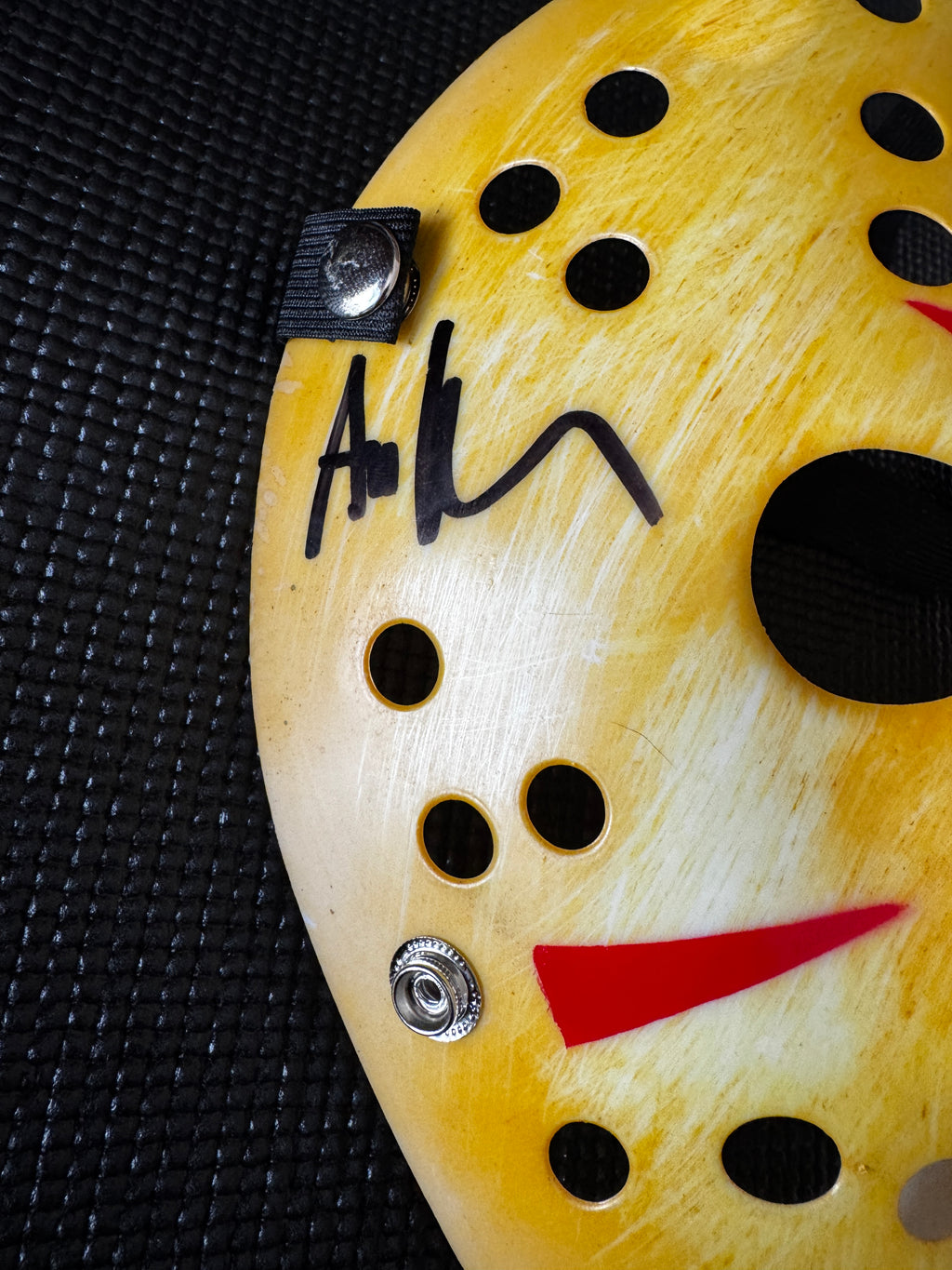 Friday the 13th Jason Mask Autographed by Ari Lehman. Beckett/W  (Yellow Mask, Die Bitch W/ Black Ink)