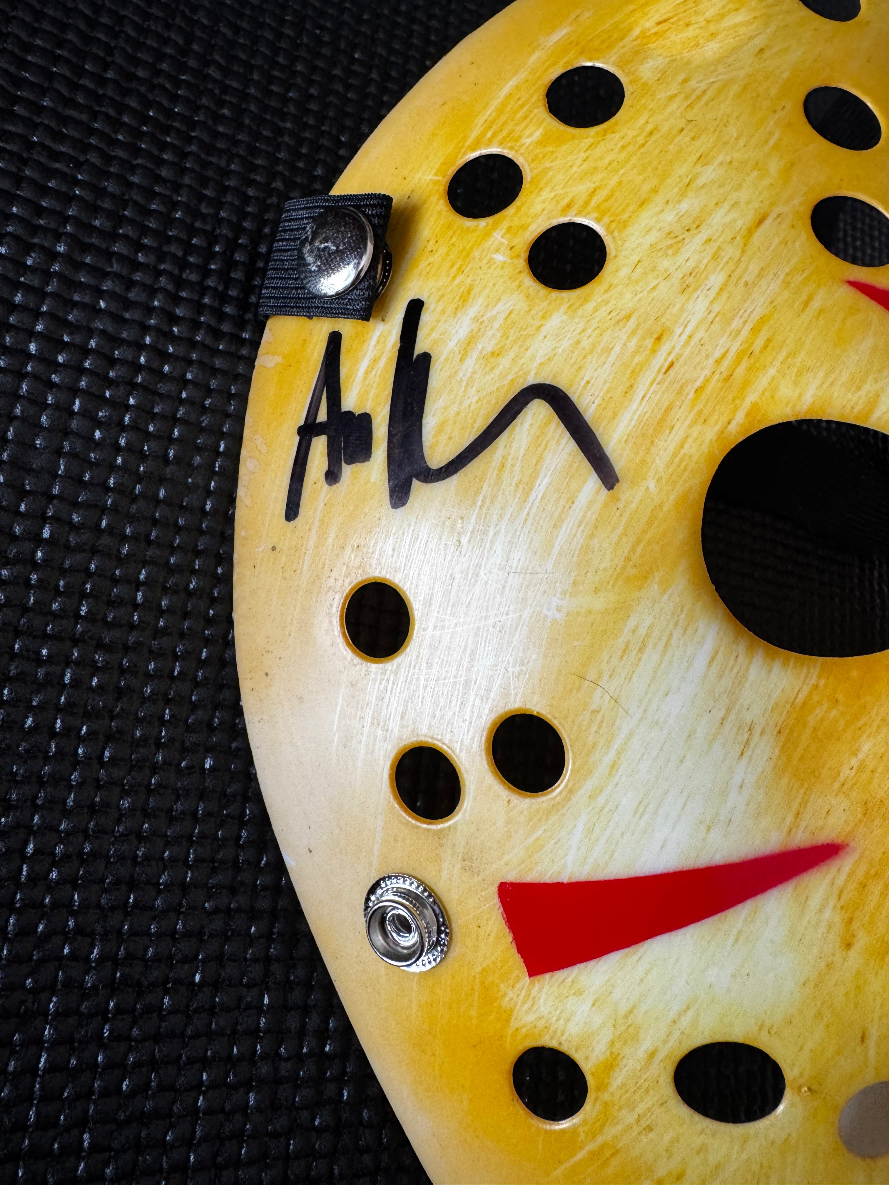 Friday the 13th Jason Mask Autographed by Ari Lehman. Beckett/W  (Yellow Mask, Die Bitch W/ Black Ink)