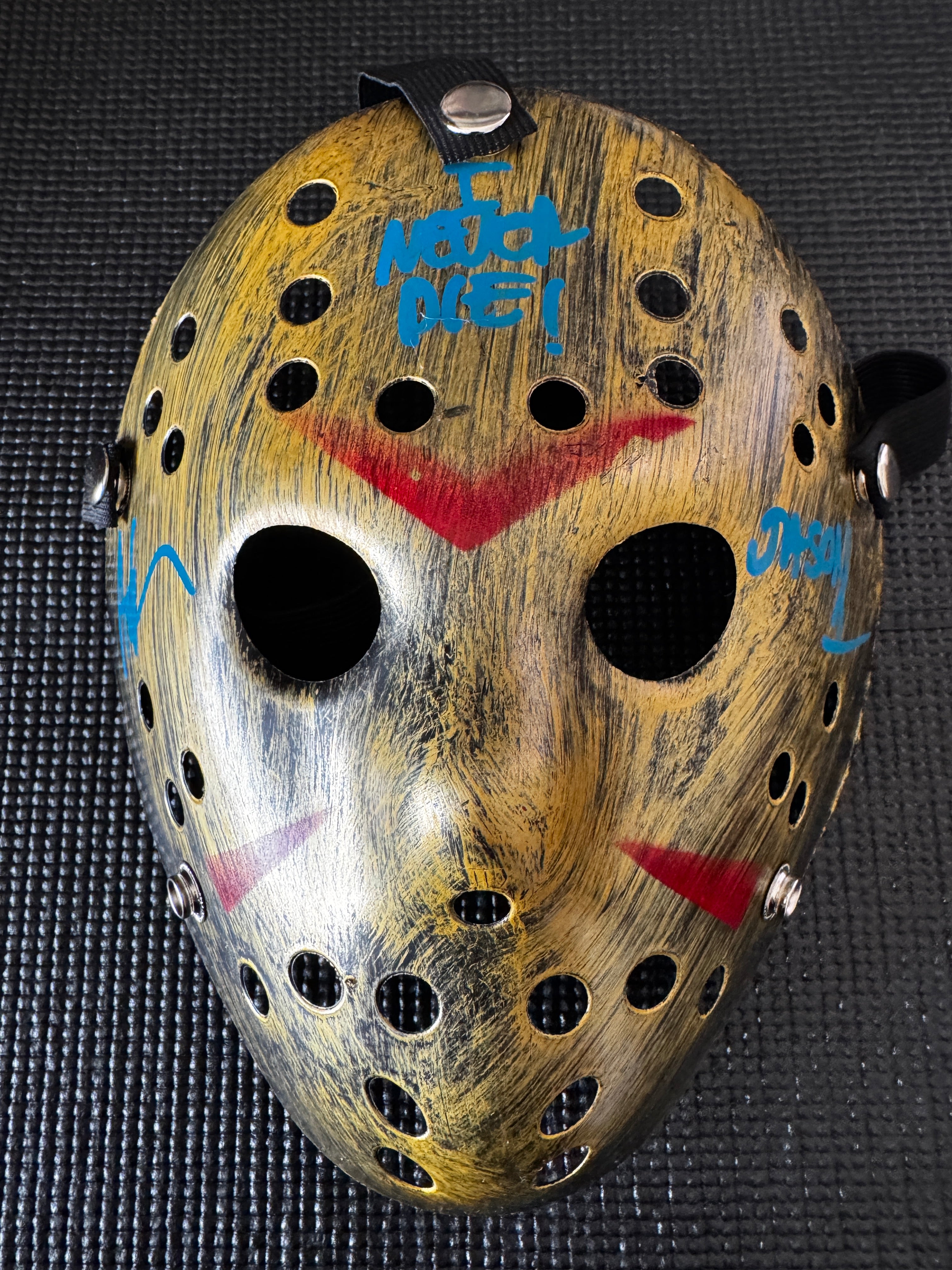 Friday the 13th Jason Mask Autographed by Ari Lehman. Beckett/W  (Gold Mask, I Never Die W/ Blue Ink)