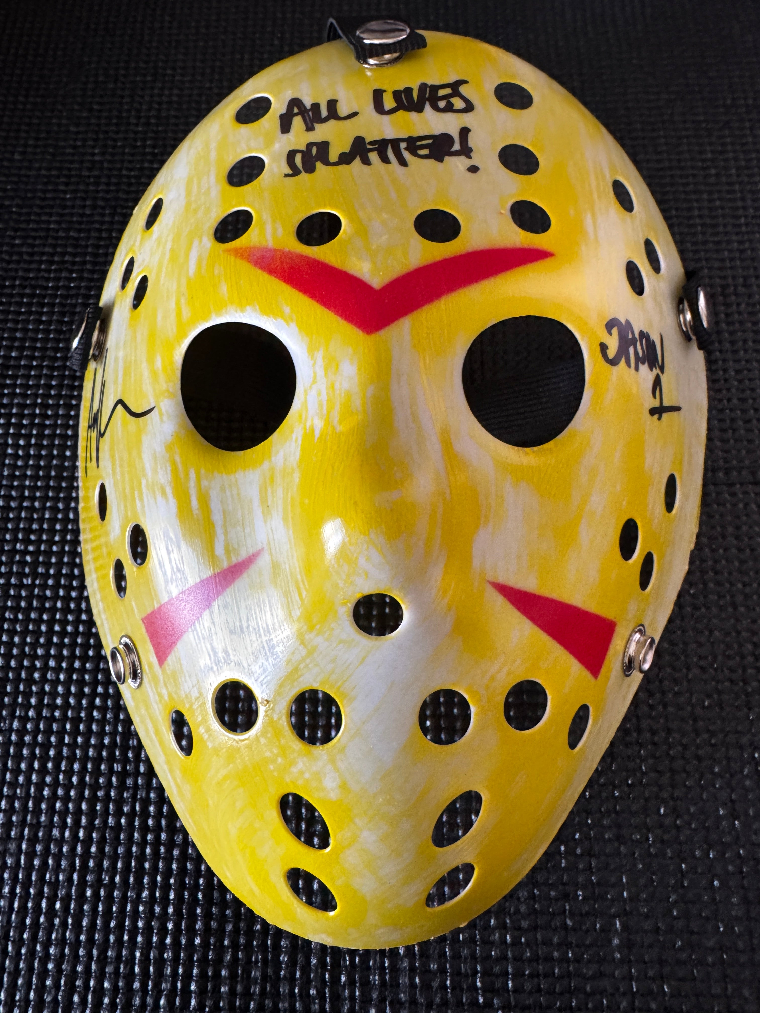 Friday the 13th Jason Mask Autographed by Ari Lehman. Beckett/W  (Yellow Mask, All Lives Splatter/ Black Ink)