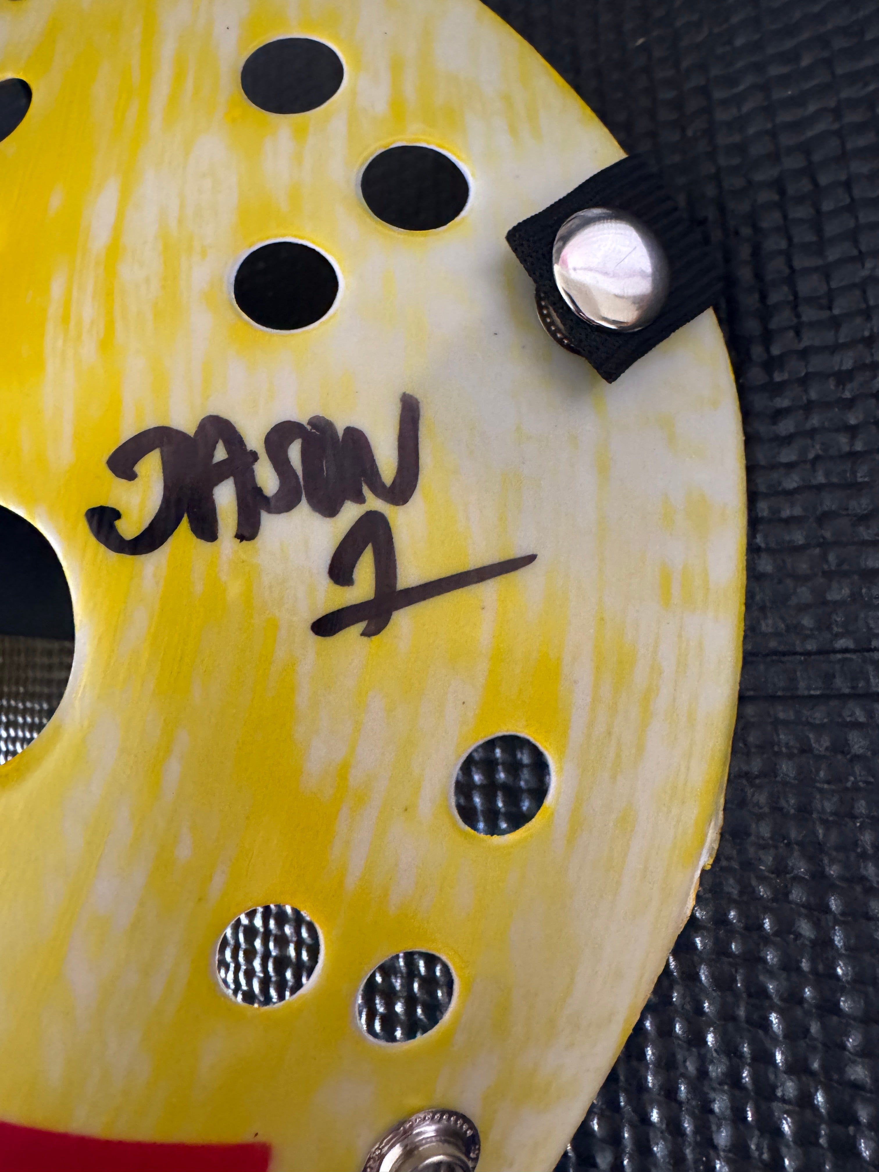 Friday the 13th Jason Mask Autographed by Ari Lehman. Beckett/W  (Yellow Mask, All Lives Splatter/ Black Ink)