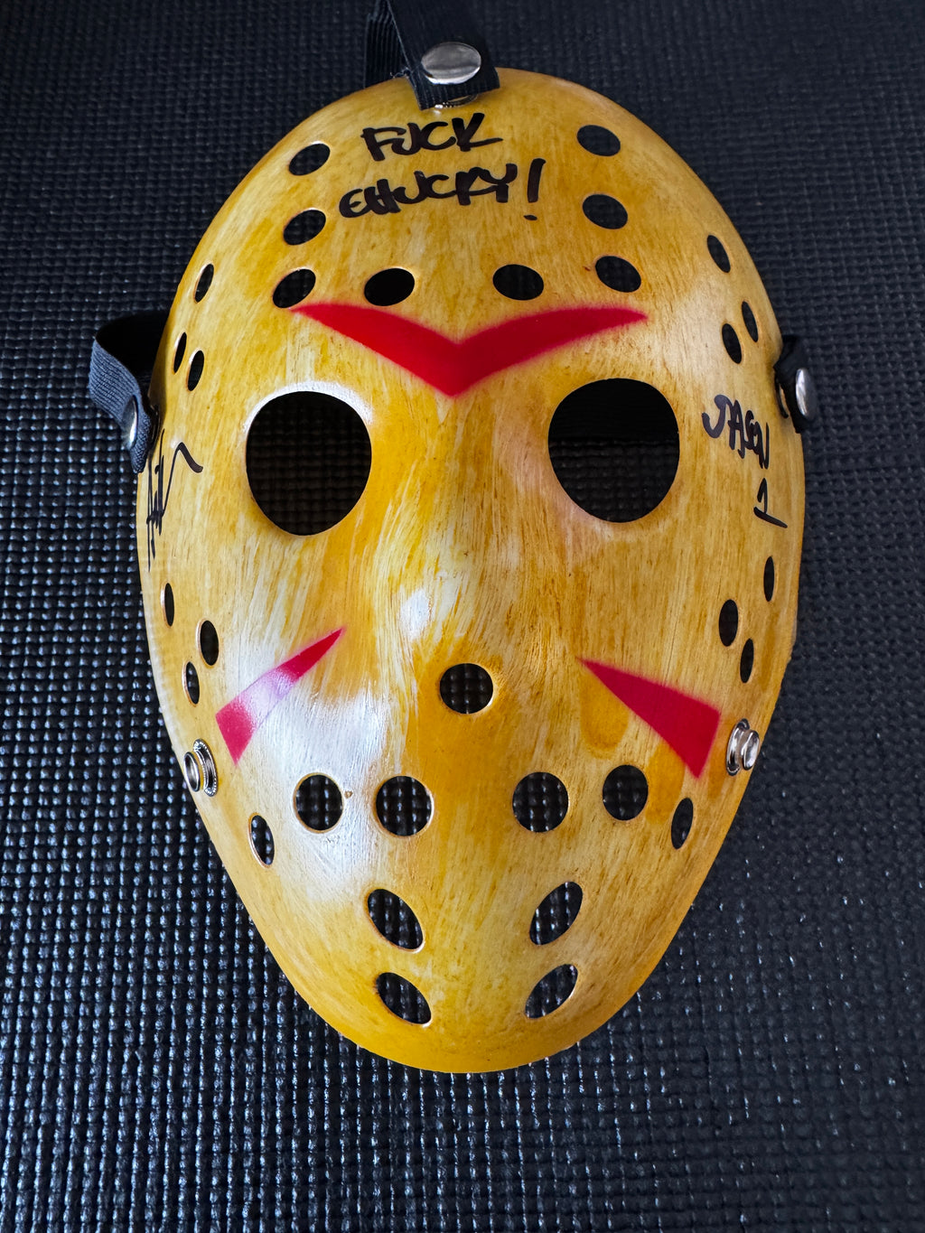 Friday the 13th Jason Mask Autographed by Ari Lehman. Beckett/W  (Yellow Mask, Fuck Chucky/ Black Ink)