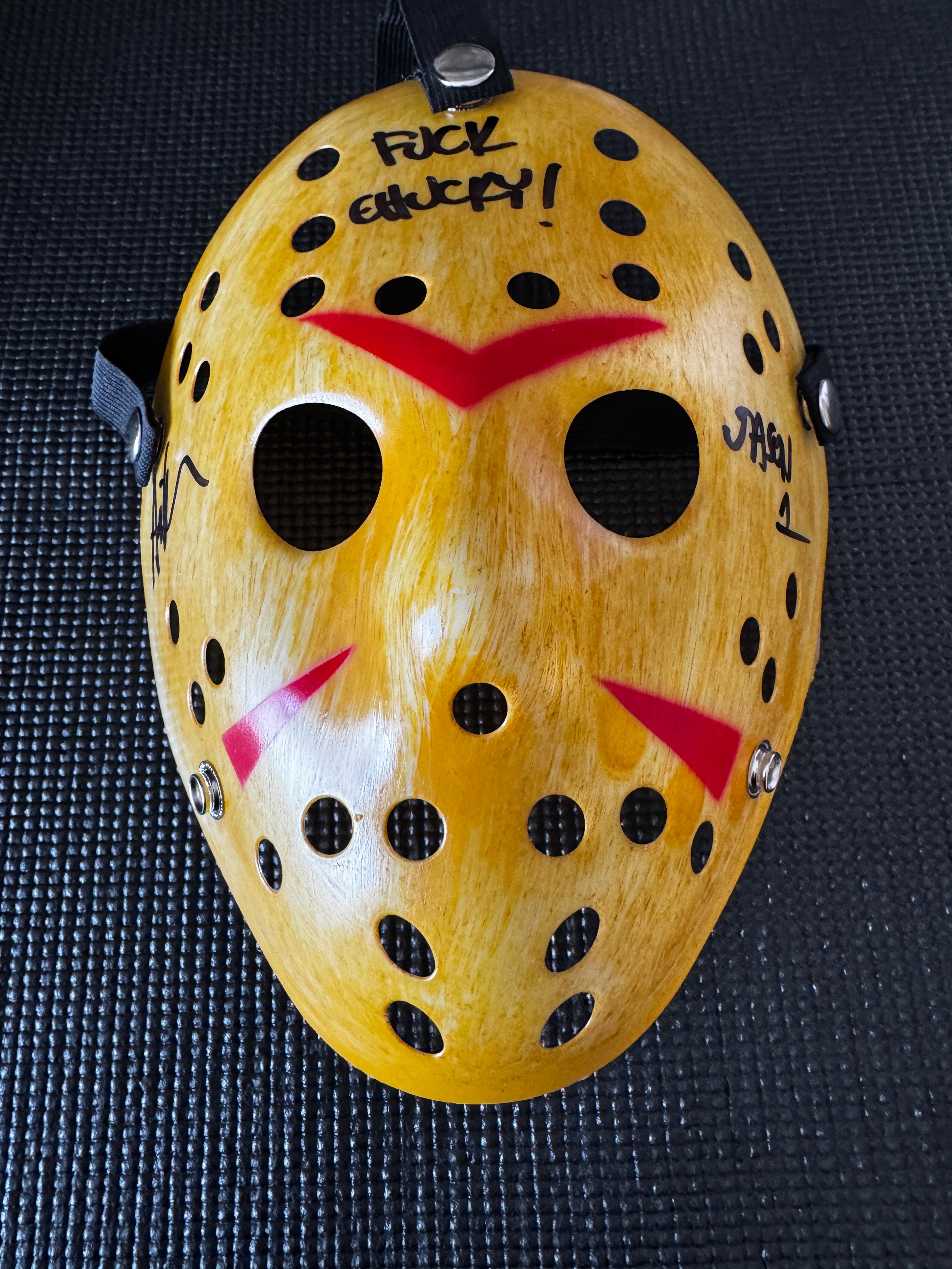 Friday the 13th Jason Mask Autographed by Ari Lehman. Beckett/W  (Yellow Mask, Fuck Chucky/ Black Ink)