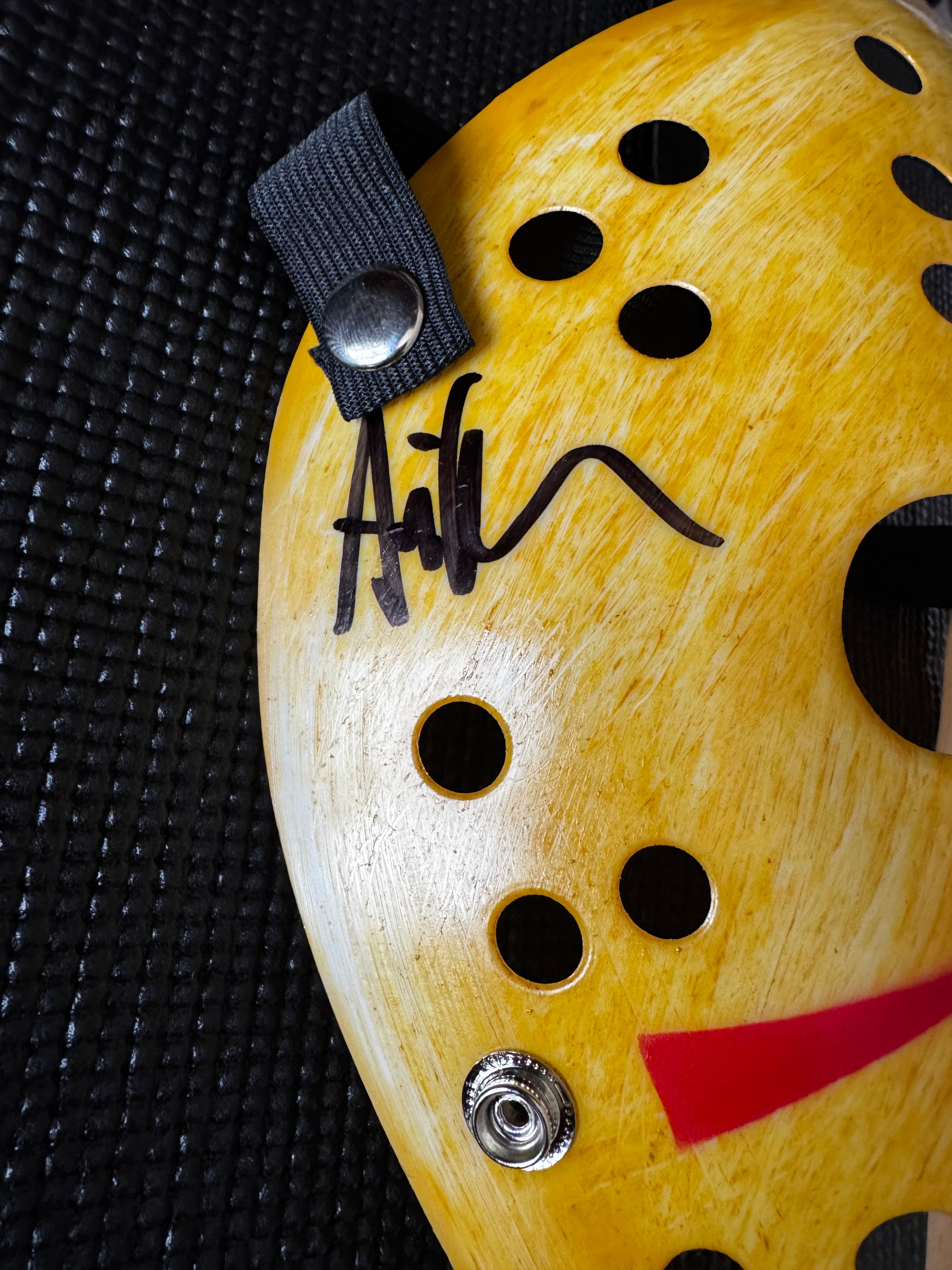 Friday the 13th Jason Mask Autographed by Ari Lehman. Beckett/W  (Yellow Mask, Fuck Chucky/ Black Ink)