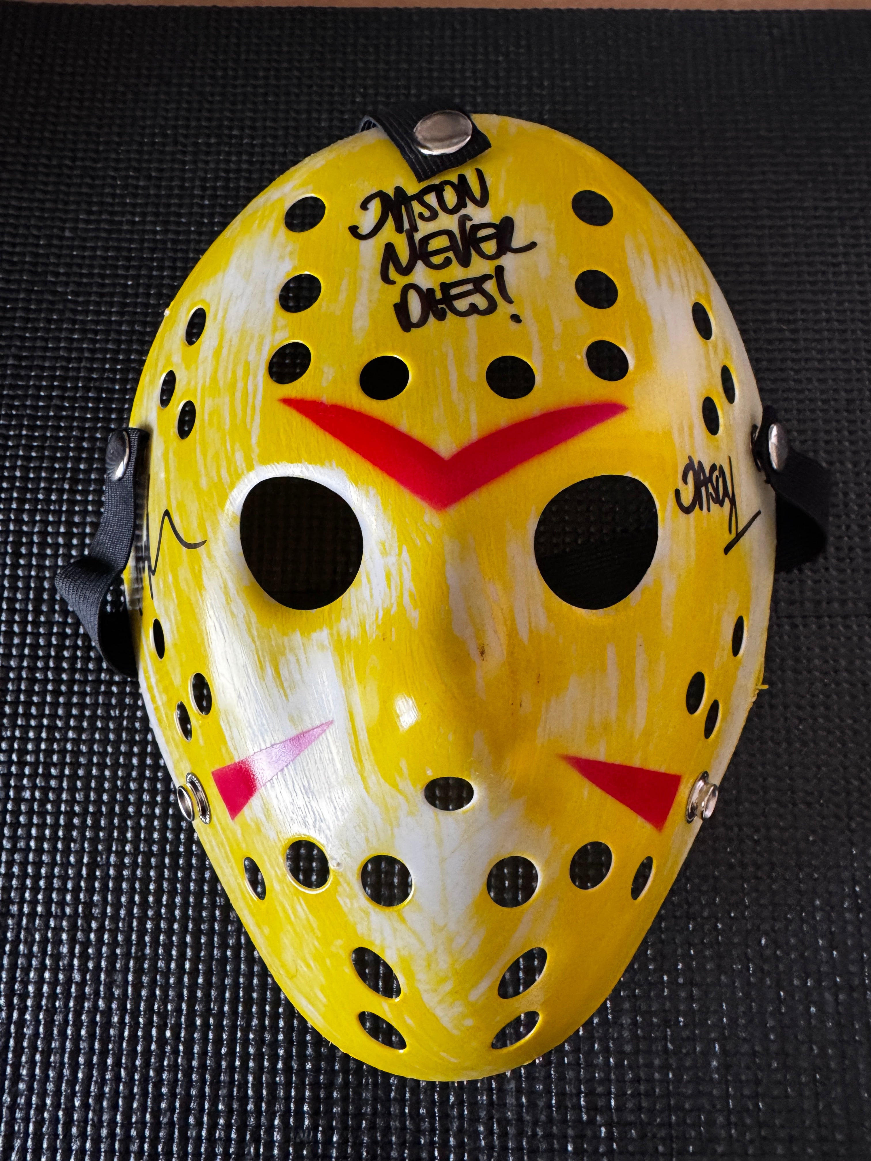 Friday the 13th Jason Mask Autographed by Ari Lehman. Beckett/W  (Yellow Mask, Jason Never Dies/ Black Ink)