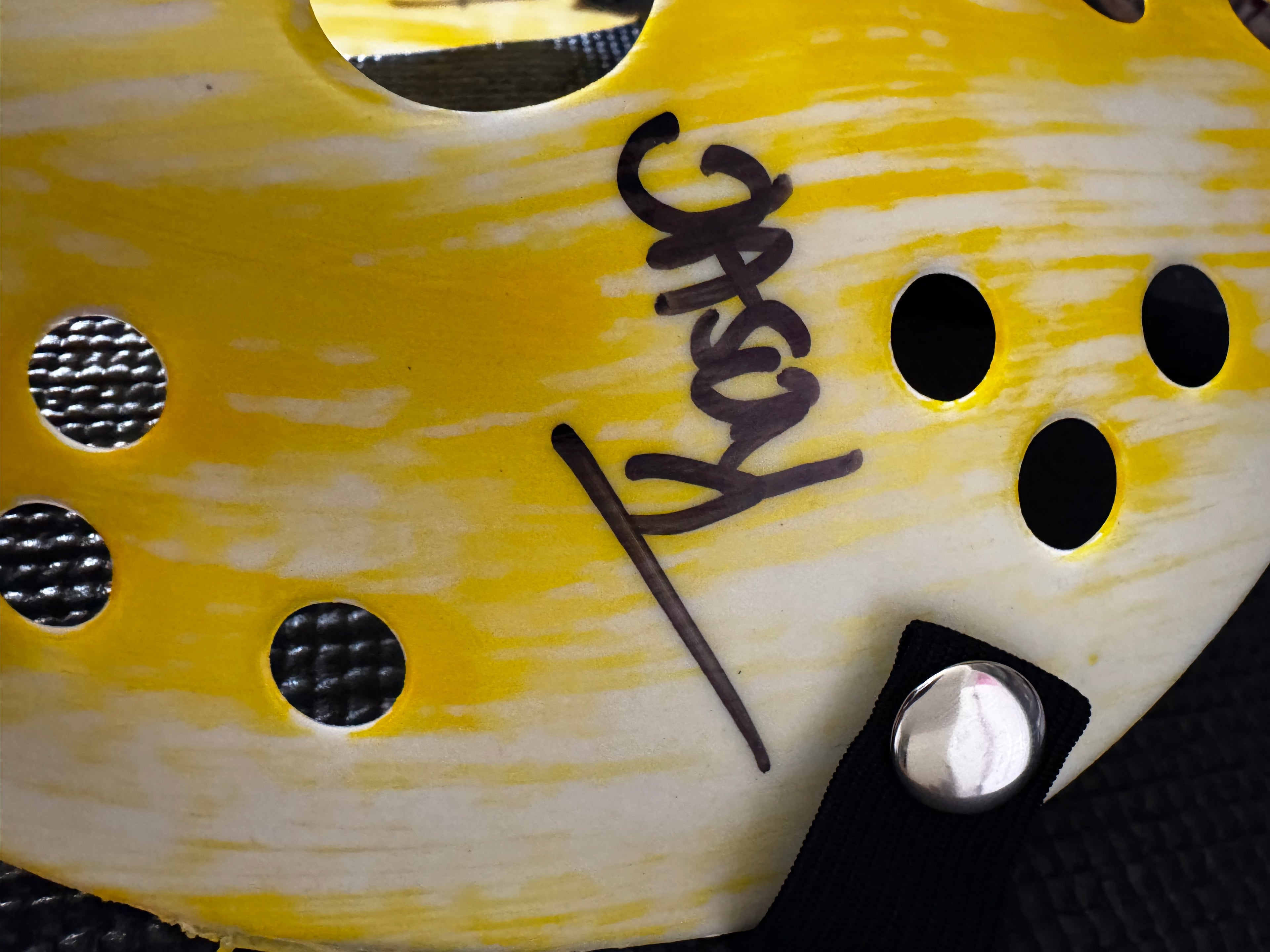 Friday the 13th Jason Mask Autographed by Ari Lehman. Beckett/W  (Yellow Mask, Jason Never Dies/ Black Ink)