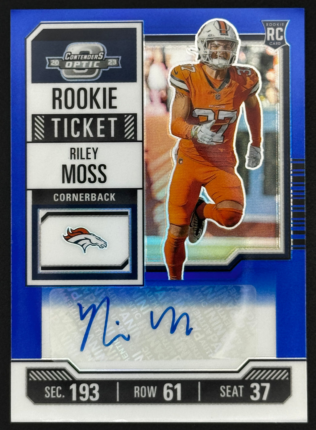 Riley Moss 2023 Panini Contenders Optic #196 RC Rookie Ticket Auto Blue 34/75 *Custom*