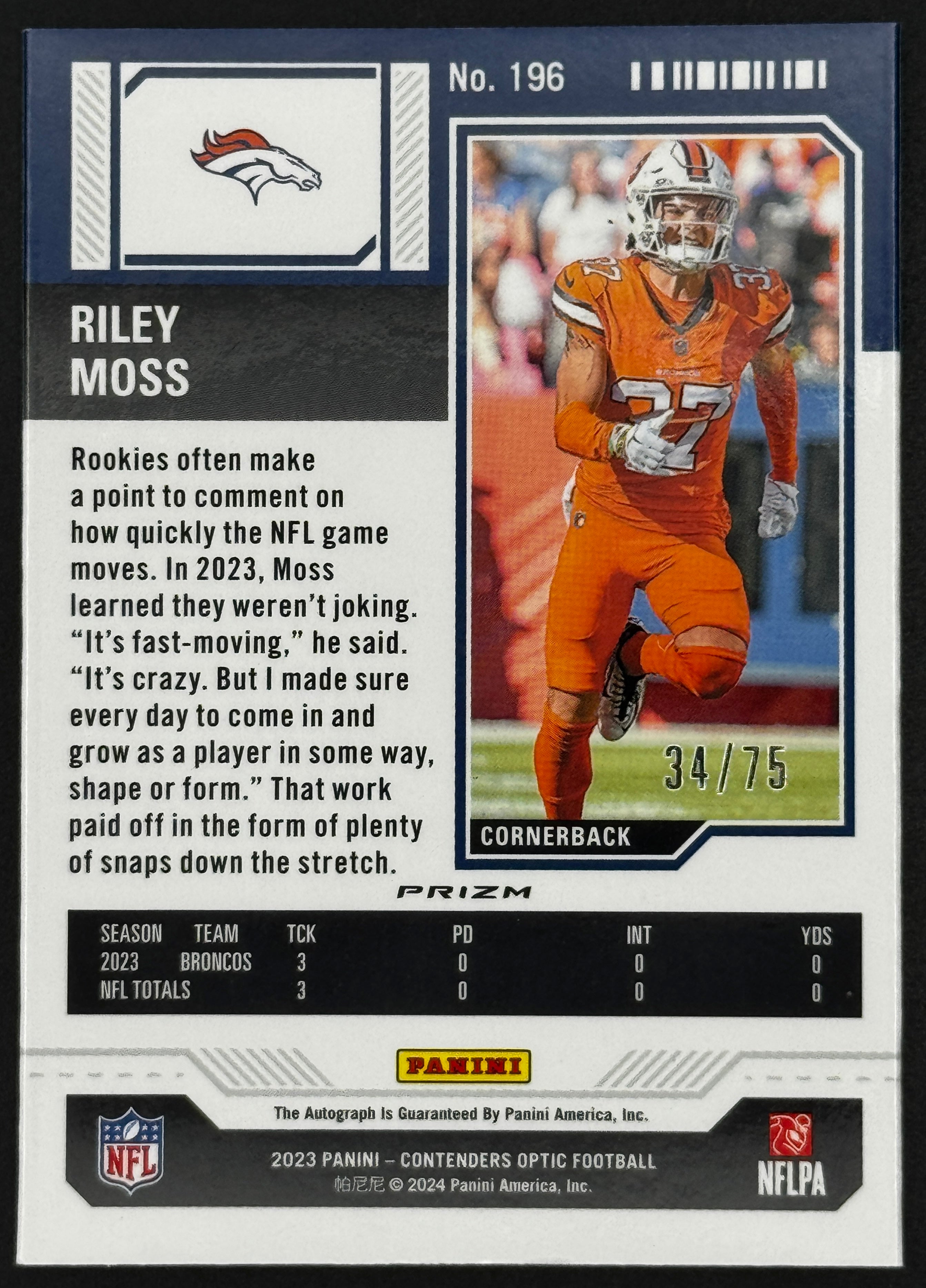 Riley Moss 2023 Panini Contenders Optic #196 RC Rookie Ticket Auto Blue 34/75 *Custom*