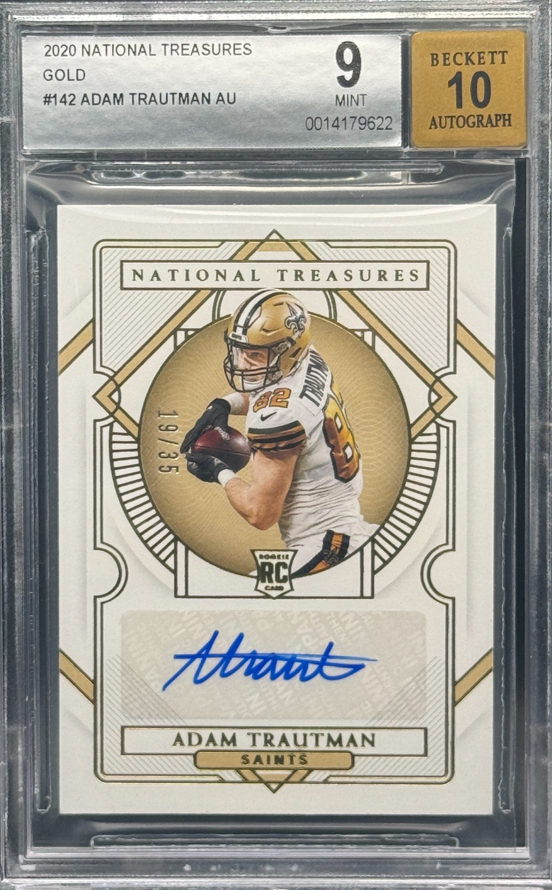 2020 National Treasures Rookie Auto Gold #19/35 Adam Trautman BGS 9 Auto 10