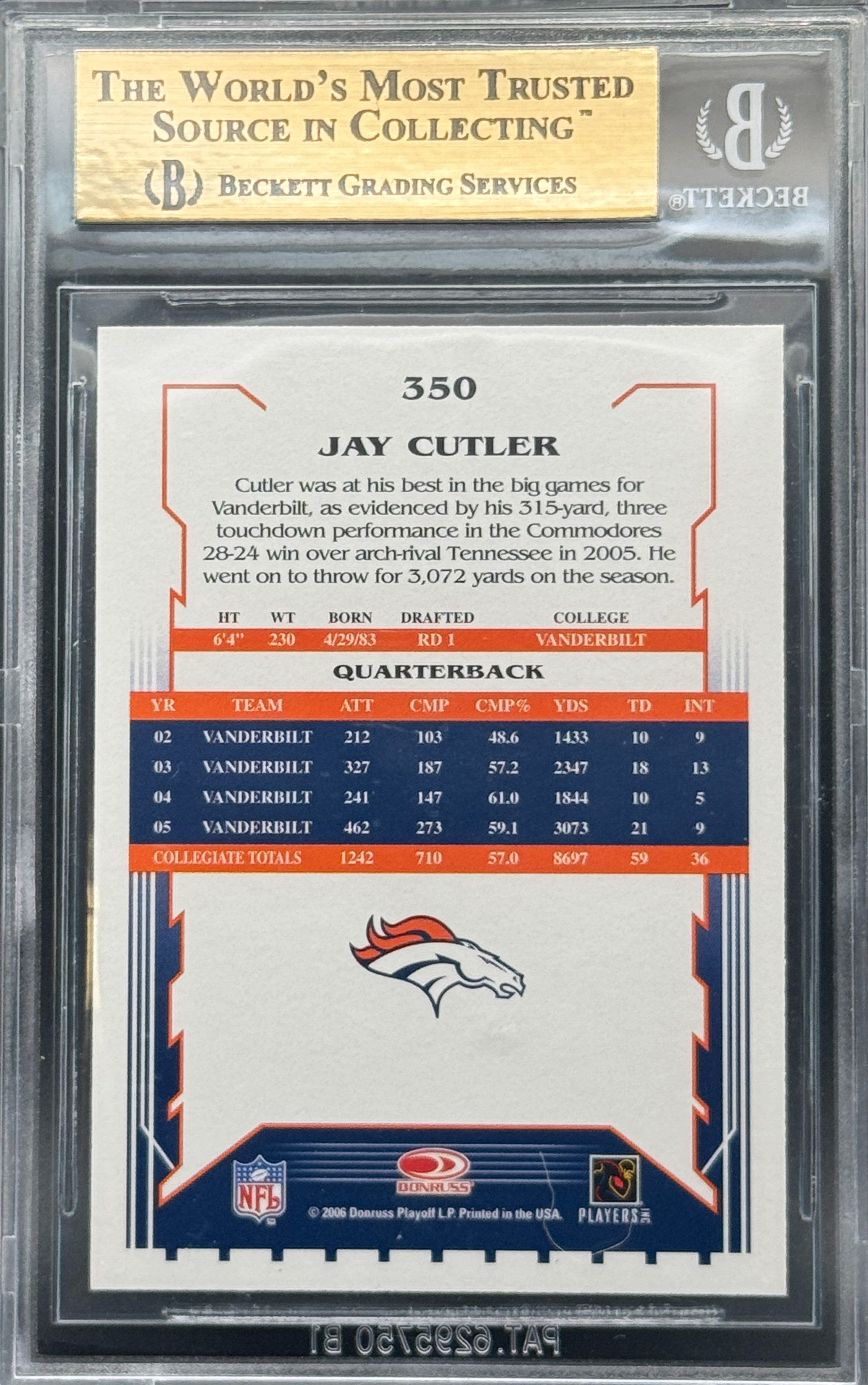 2006 Score - Rookie Jay Cutler #350 Pro Jersey (RC) 9.5 With Subs Of 10, 2 9.5s