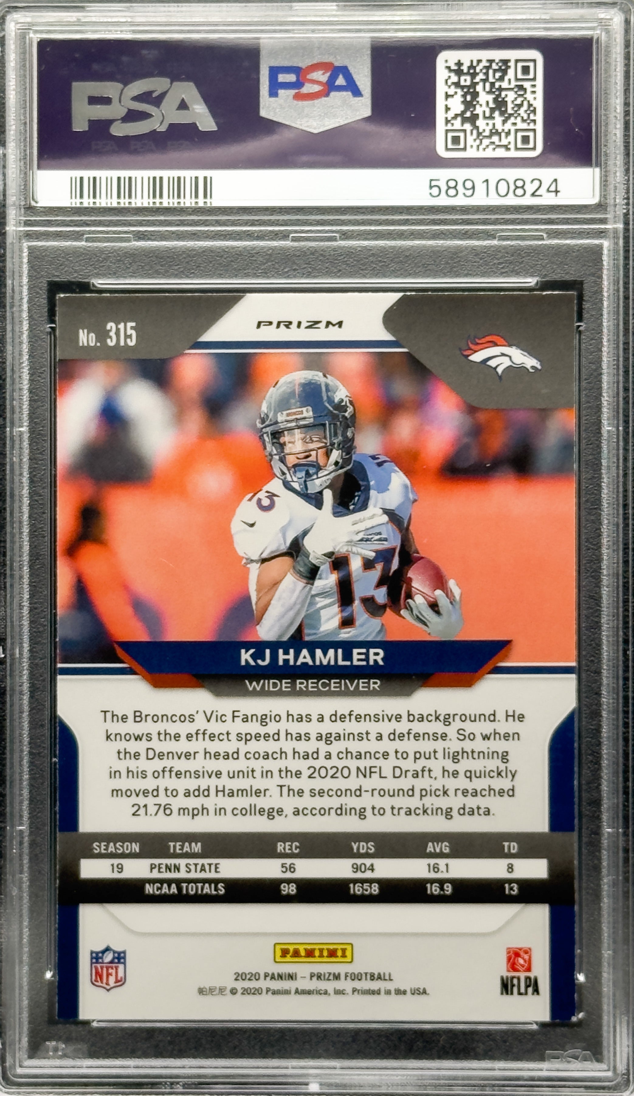 2020 Panini Prizm KJ Hamler RC No Huddle Prizm Disco #315 PSA 9 Broncos