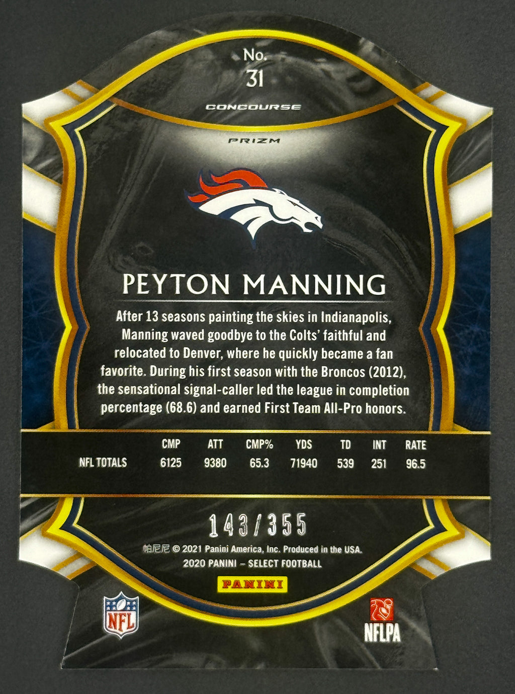 2020 Panini Select Peyton Manning Die-Cut #31 Starter Set