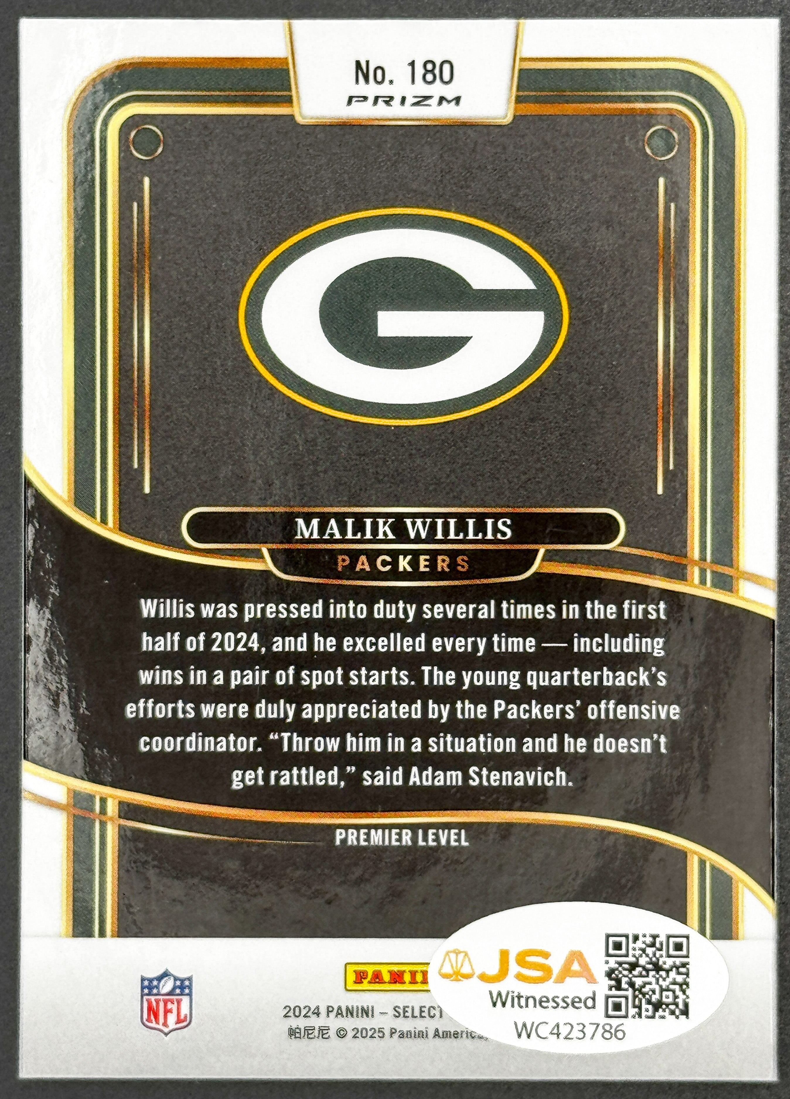 2024 Panini Select - Malik Willis #180 Prizm Premier Level Red and Black Shock On card JSA witnessed Autographed