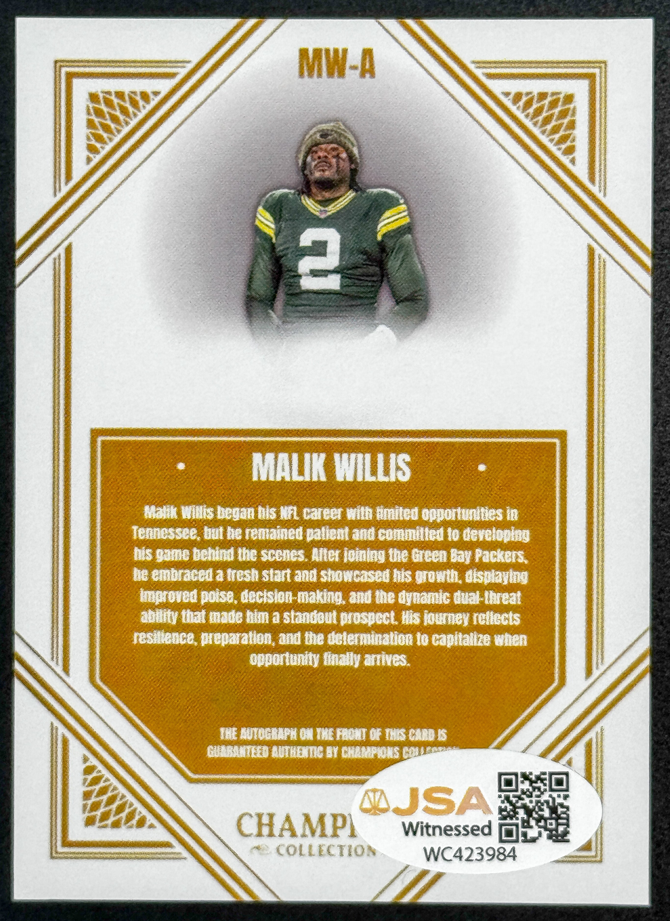 MALIK WILLIS Champions Collection ON CARD AUTO JSA Witness Certification