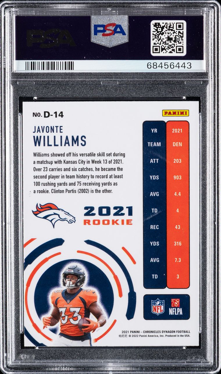 2021 PANINI CHRONICLES DYNAGON ROOKIES #D14 JAVONTE WILLIAMS PSA 9