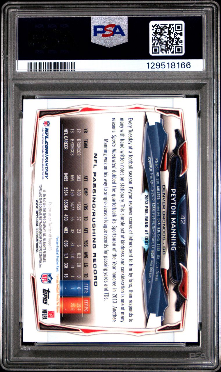 2014 TOPPS CHROME | ORANGE JERSEY-REFRACTOR #42 PEYTON MANNING PSA 9
