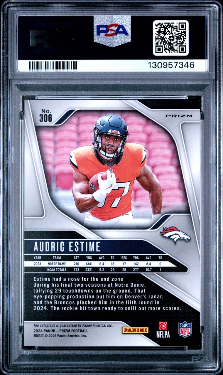 2024 PANINI PRIZM AUTOGRAPH NO HUDDLE #306 AUDRIC ESTIME ROOKIE RC AUTO PSA 8